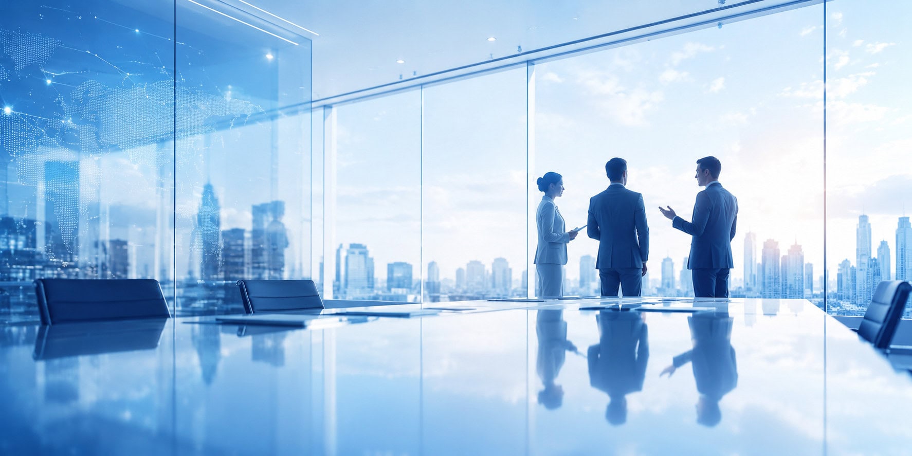 Three business executives in suits confer by a glass boardroom window overlooking a city skyline.
