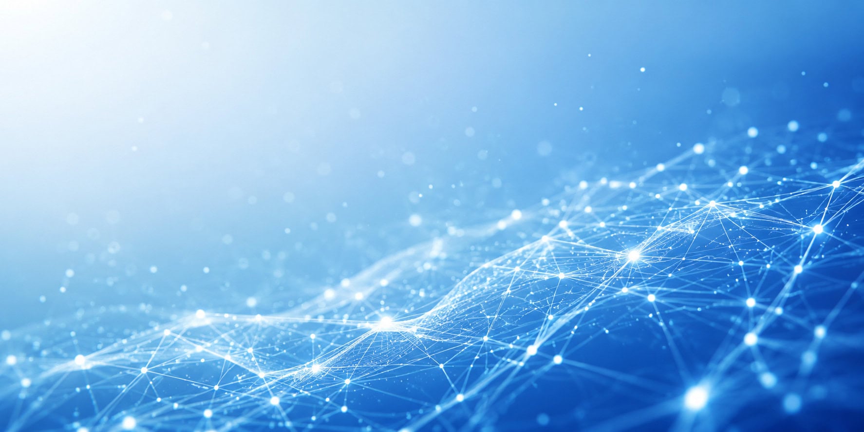 An abstract network of glowing blue dots and connecting lines forms a wave across a blue gradient background.