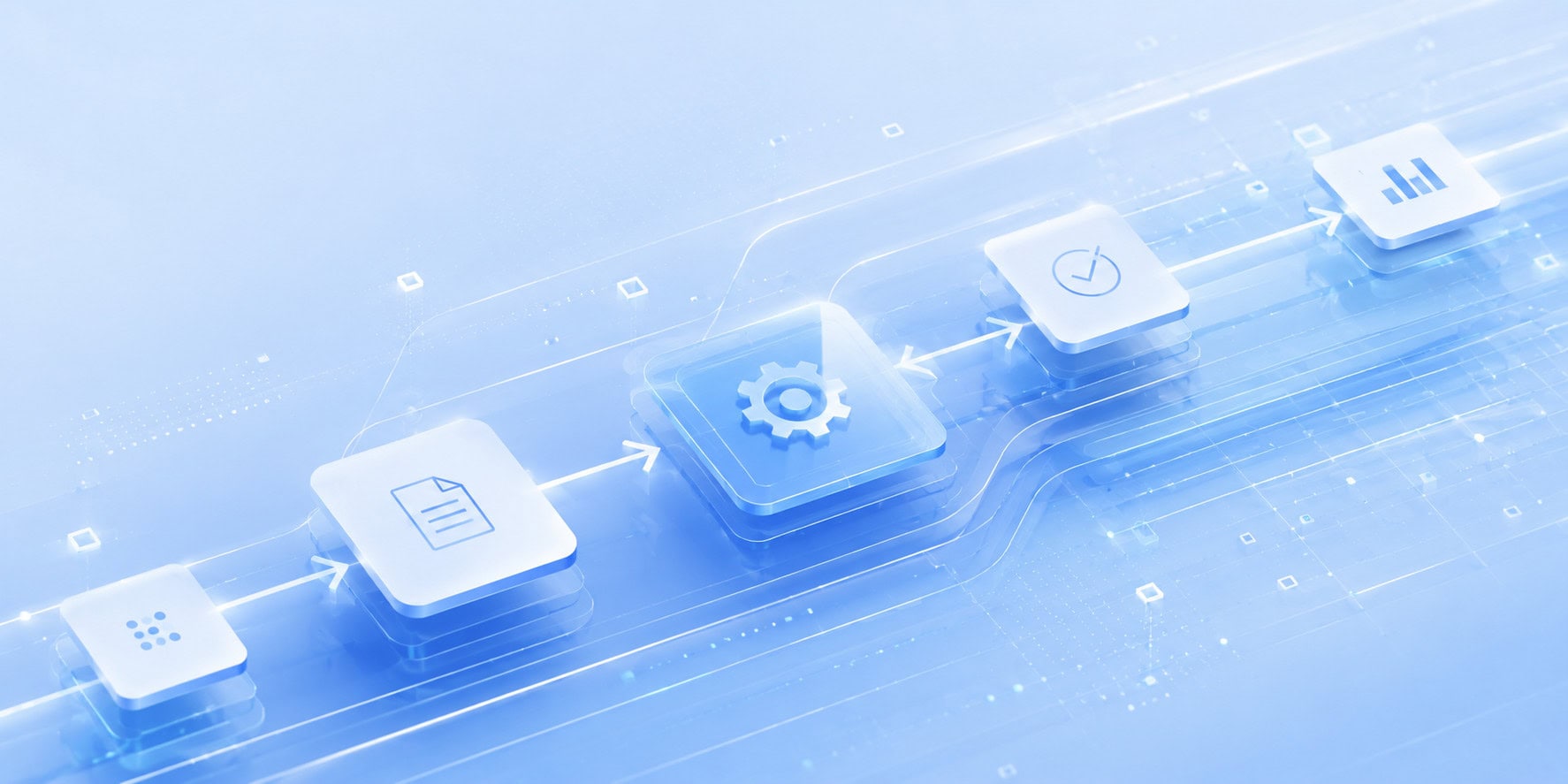A sequence of glass icon tiles for input, settings, approval, and results is connected by arrows on a tech background.