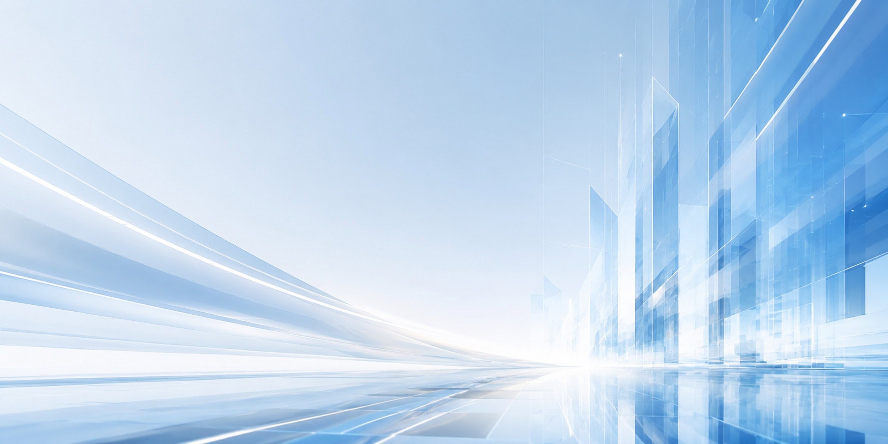 Translucent blue glass skyscrapers rise beside a glowing light-streaked road in an abstract futuristic city.