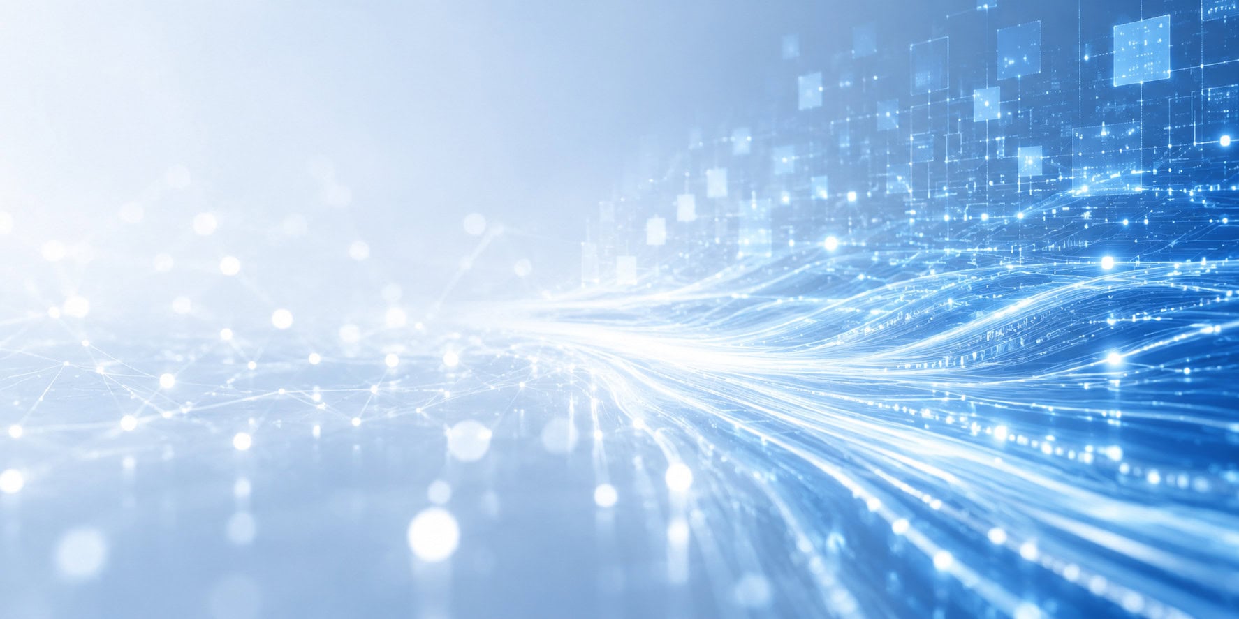 Bright light streaks flow toward a grid of glowing blue squares, suggesting digital data in motion.