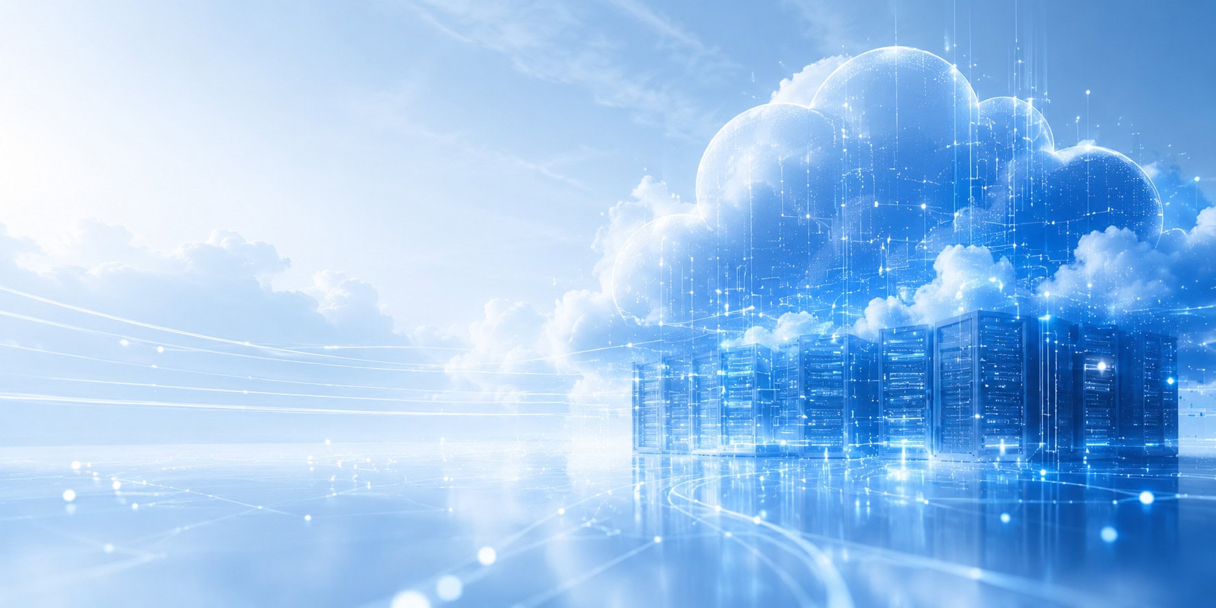 A glowing digital cloud with circuit lines hovers above illuminated server racks.