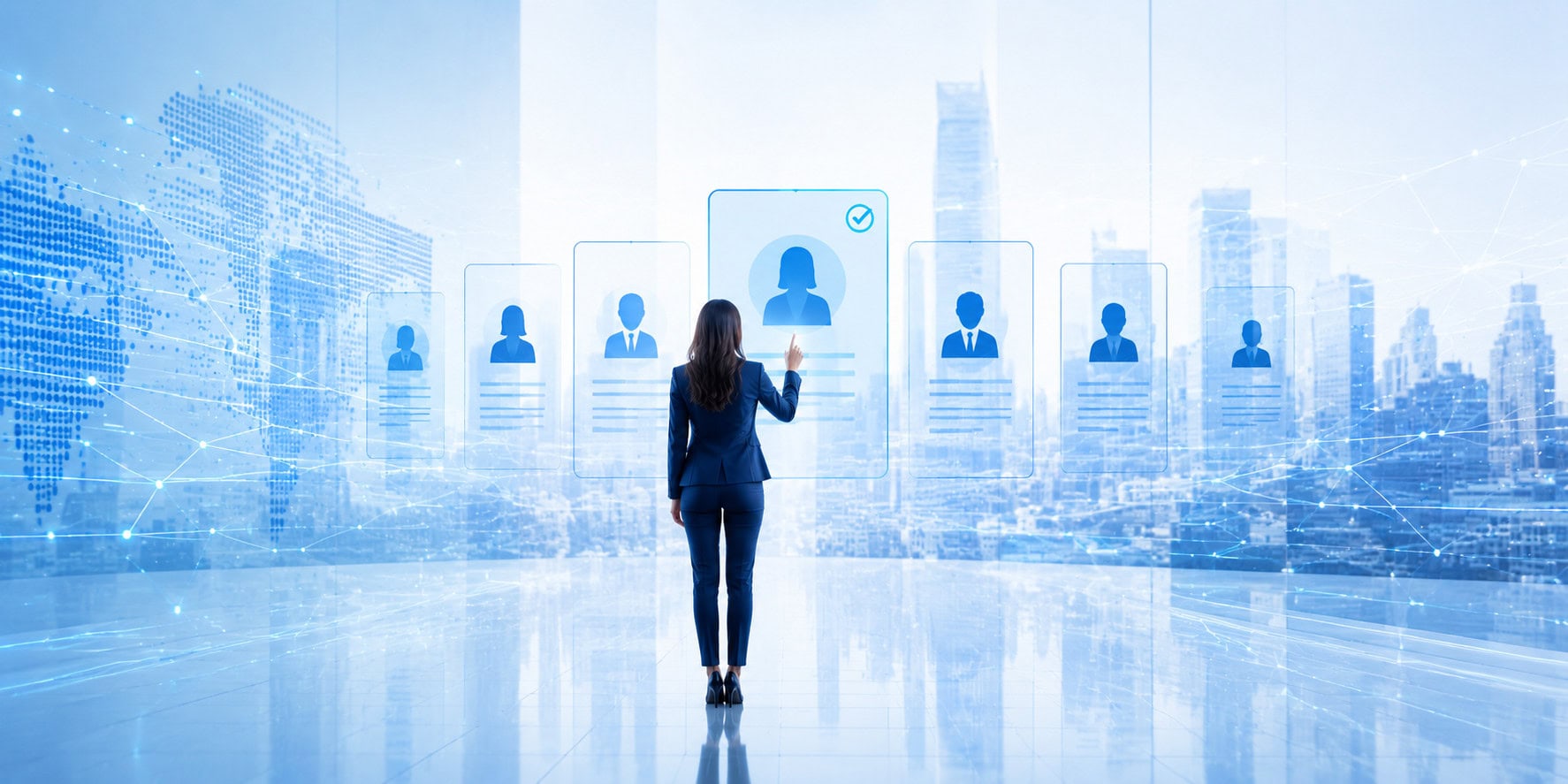 Businesswoman viewed from behind selecting a highlighted candidate profile from a row of digital resume icons